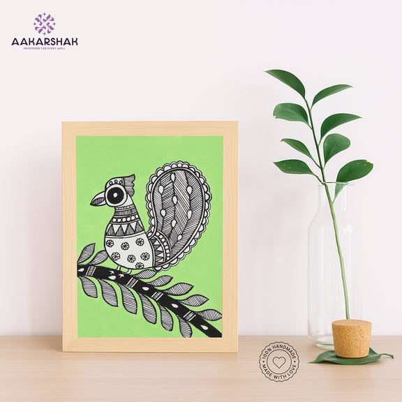 Handmade Madhubani peacock painting-with tabletop stand for home decor
