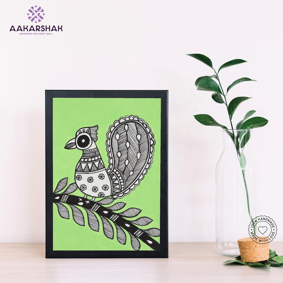 Handmade Madhubani peacock painting-with tabletop stand for home decor
