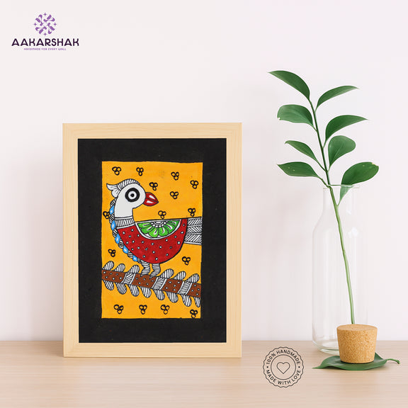 Handmade Madhubani peacock painting-with tabletop stand for home decor
