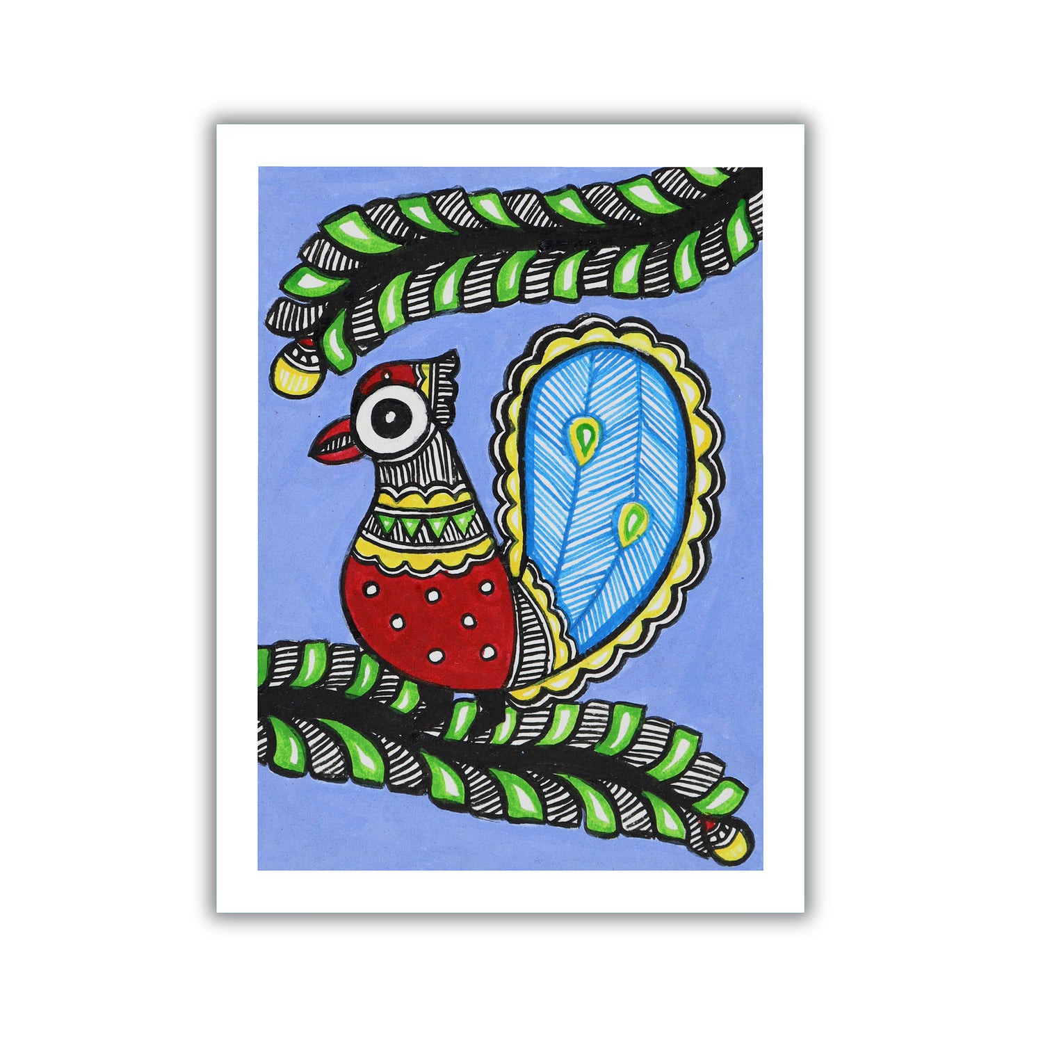 handmade madhubani painting peacock-in vibrant traditional folk art style
