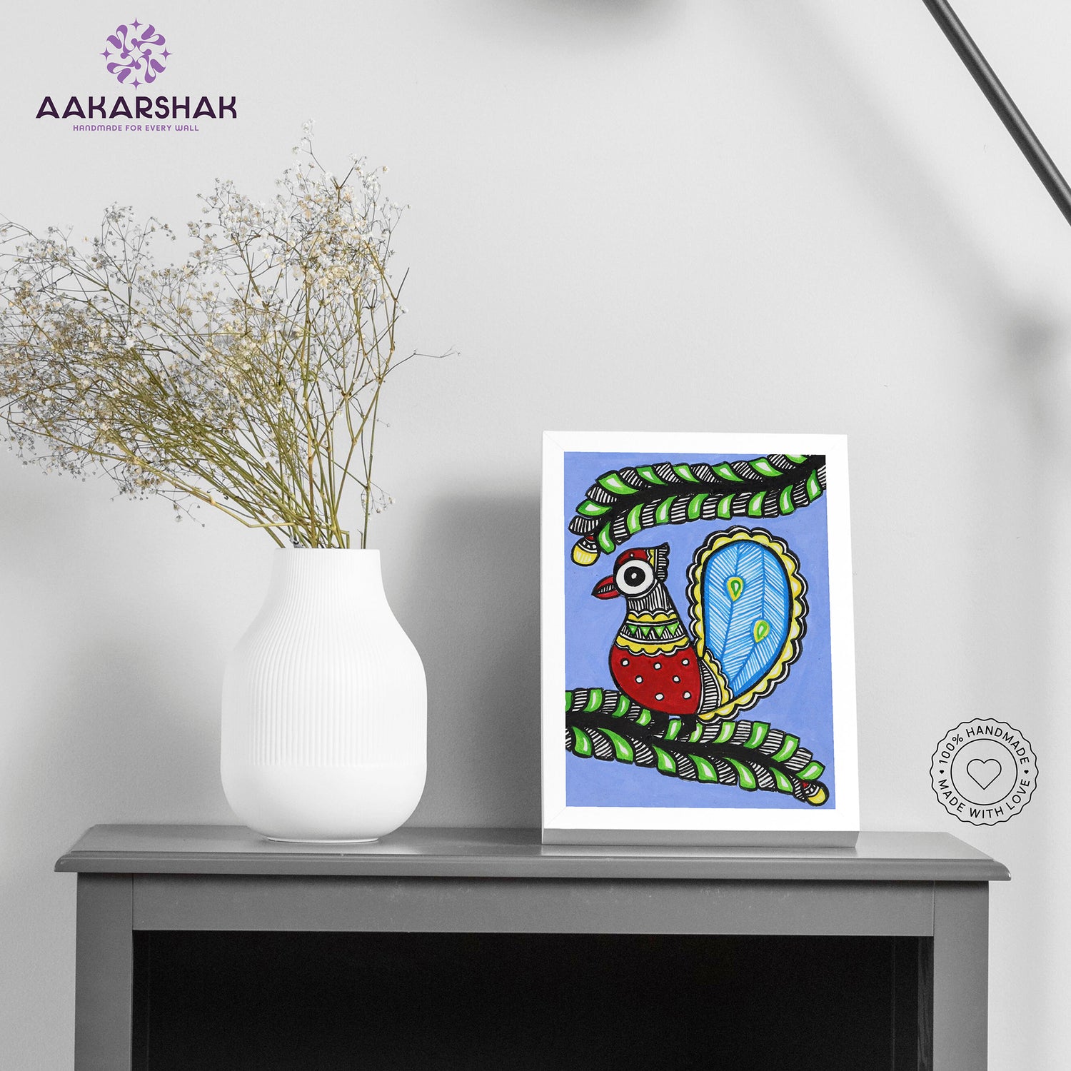 Handmade Madhubani peacock painting-with tabletop stand for home decor
