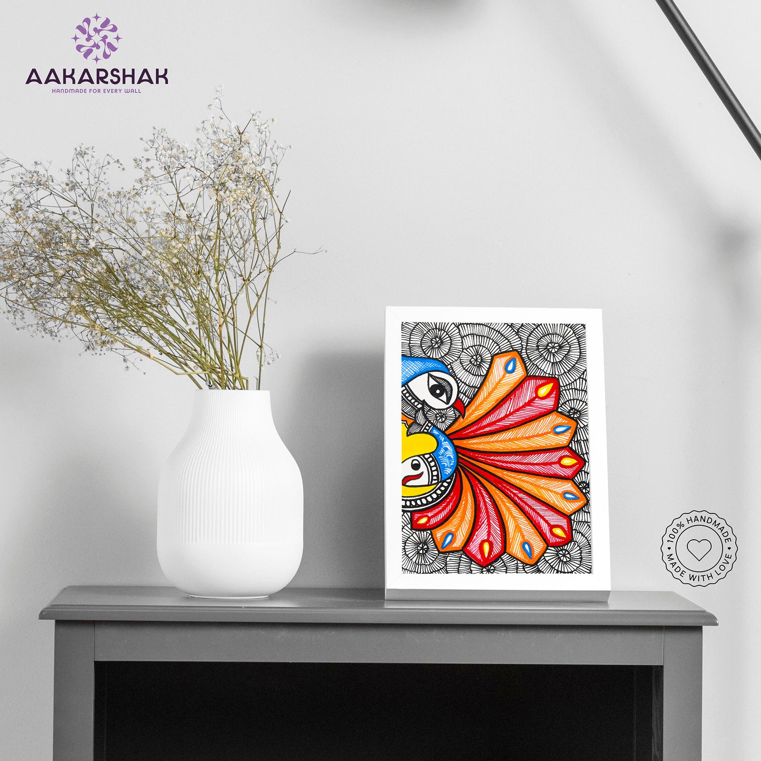 Handmade Madhubani peacock painting-with tabletop stand for home decor
