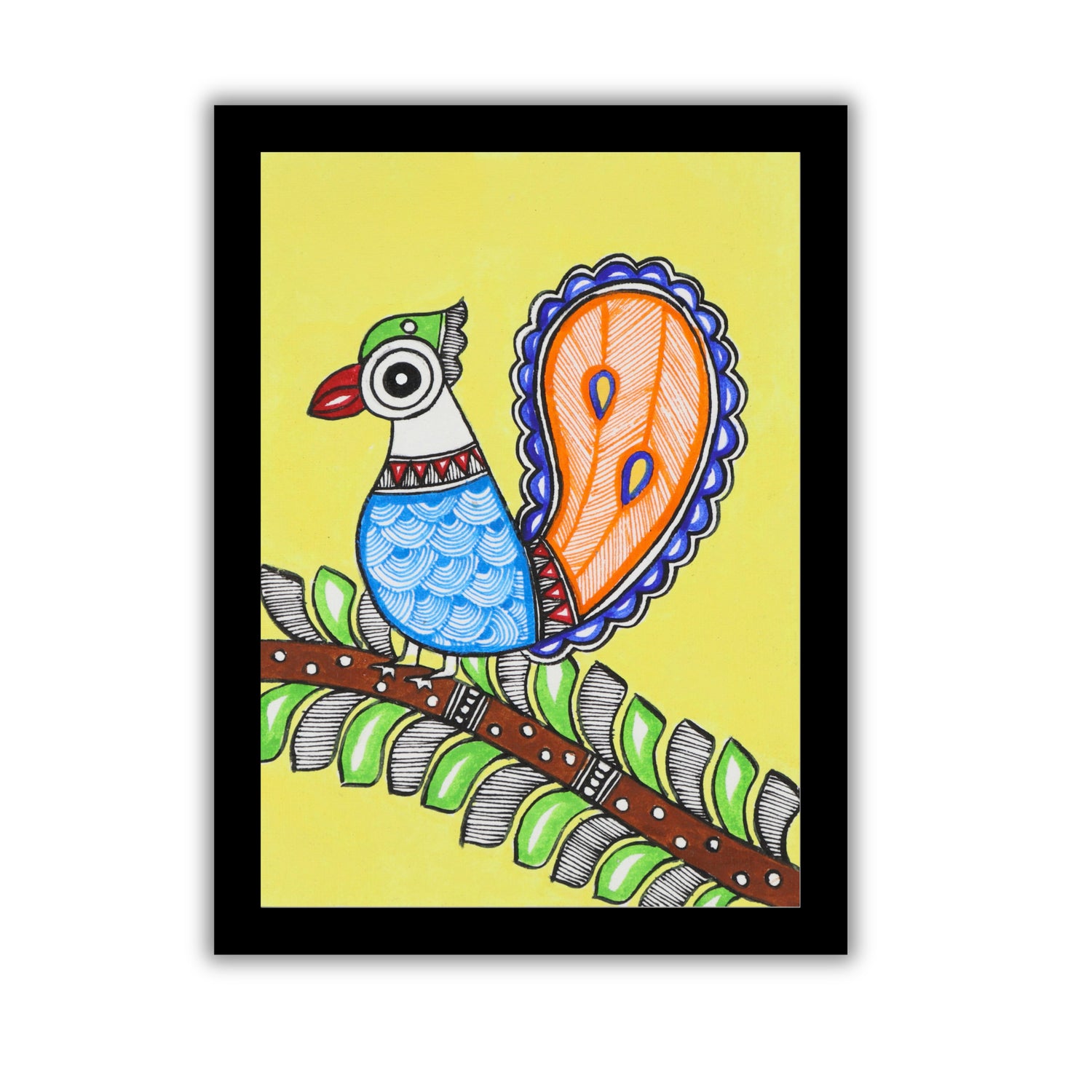 handmade madhubani painting peacock-in vibrant traditional folk art style
