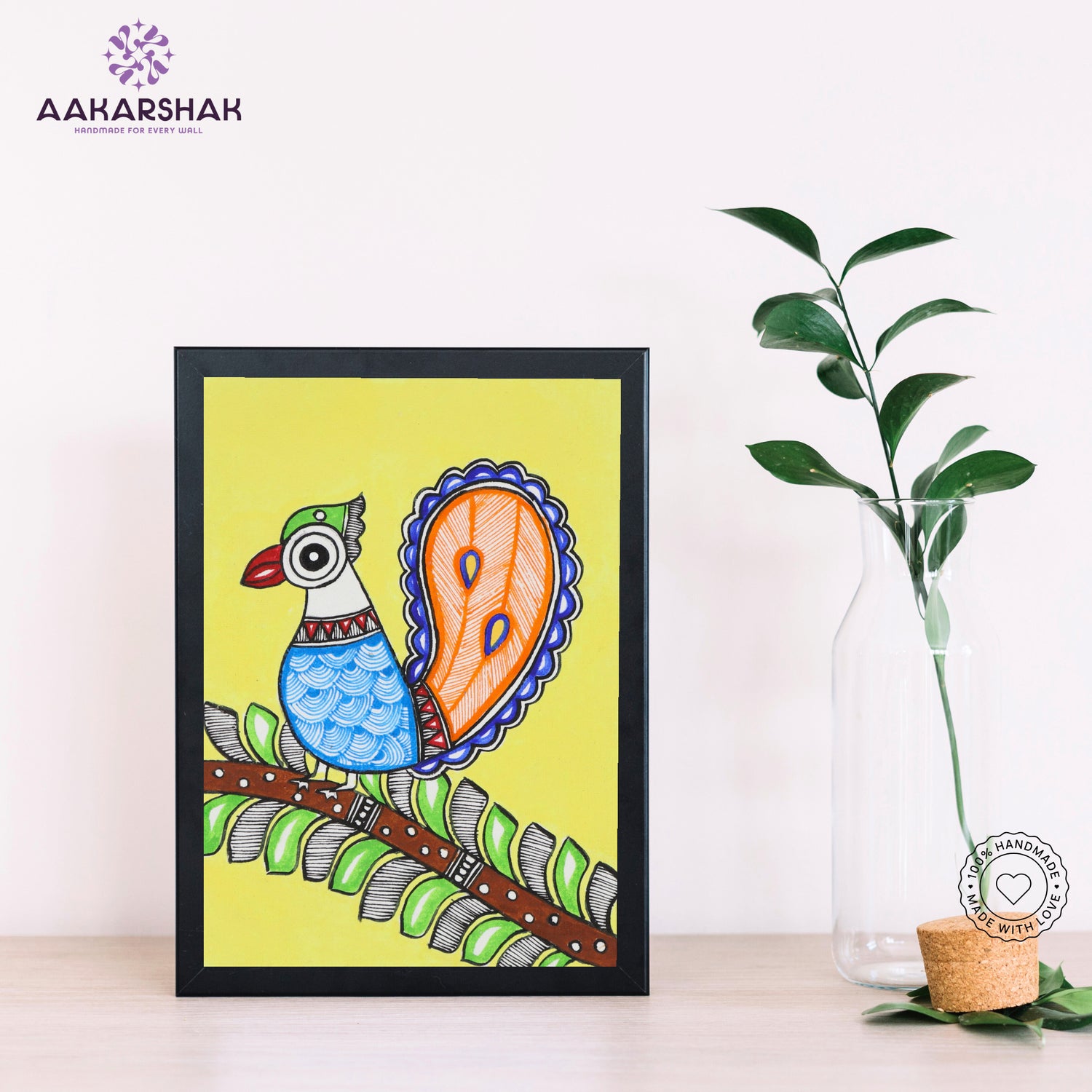 Handmade Madhubani peacock painting-with tabletop stand for home decor
