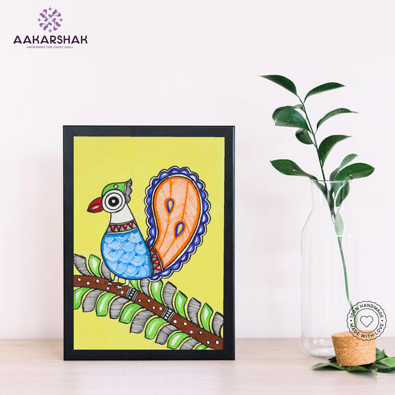 Handmade Madhubani peacock painting-with tabletop stand for home decor
