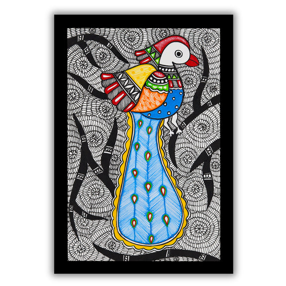 handmade madhubani painting painting peacock-in vibrant traditional folk art style
