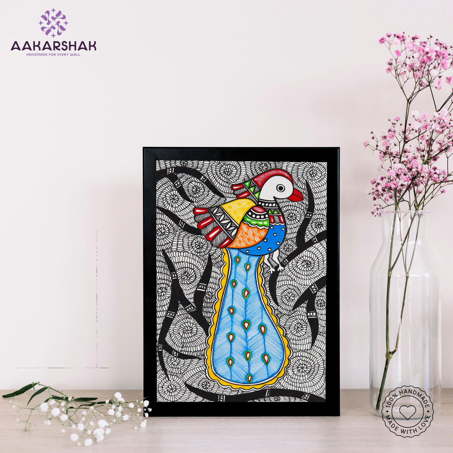 handmade madhubani painting peacock painting-with tabletop stand for home decor
