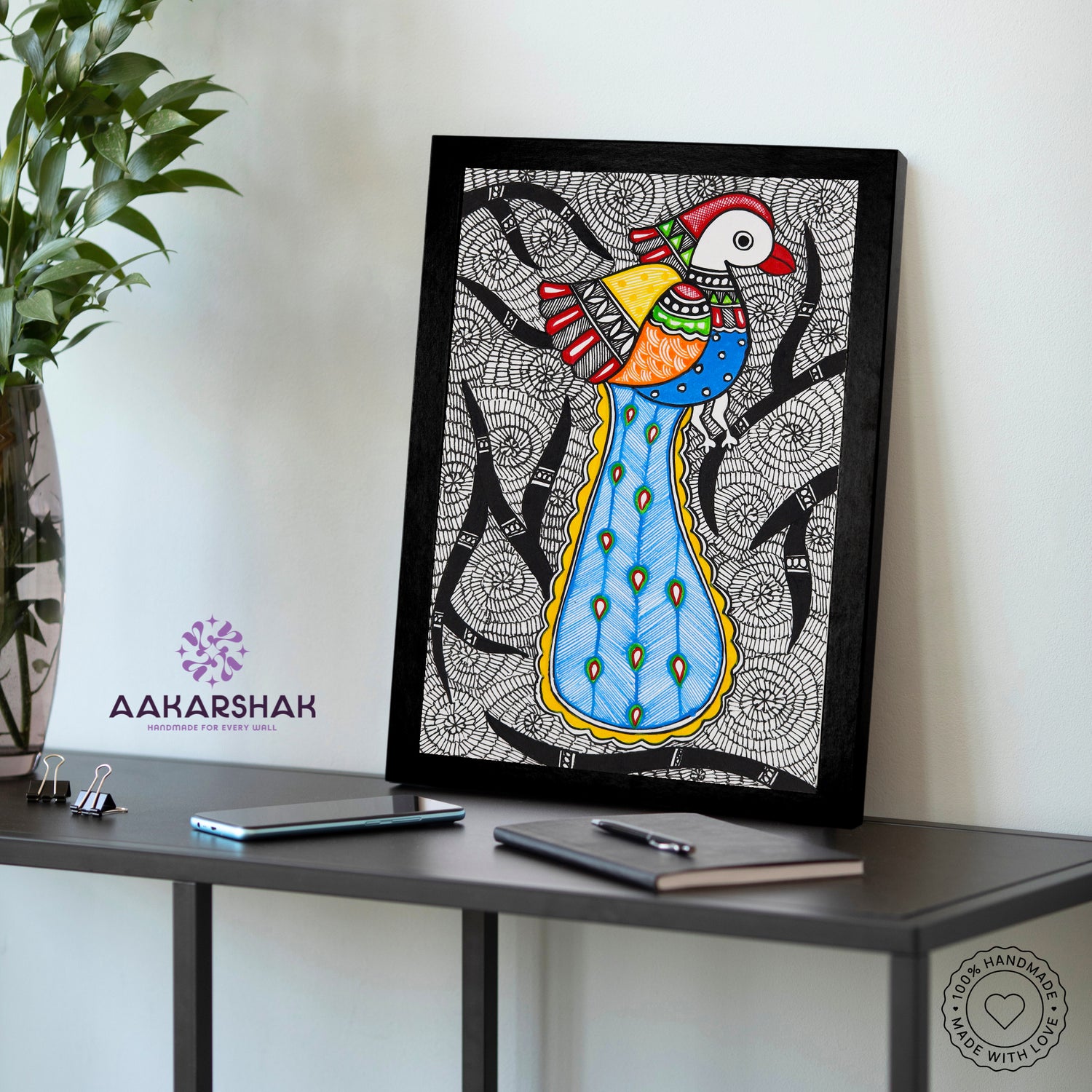 vibrant handmade peacock painting-depicting indian folk traditions
