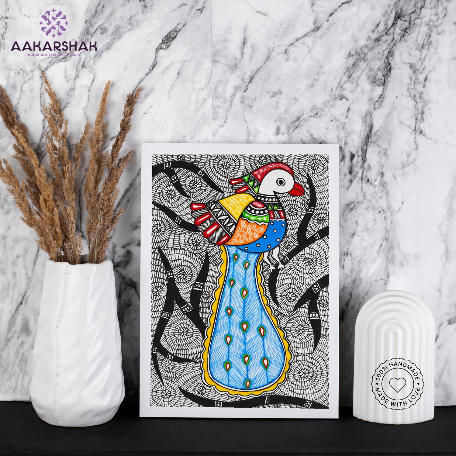 handmade madhubani painting peacock painting-with tabletop stand for home decor
