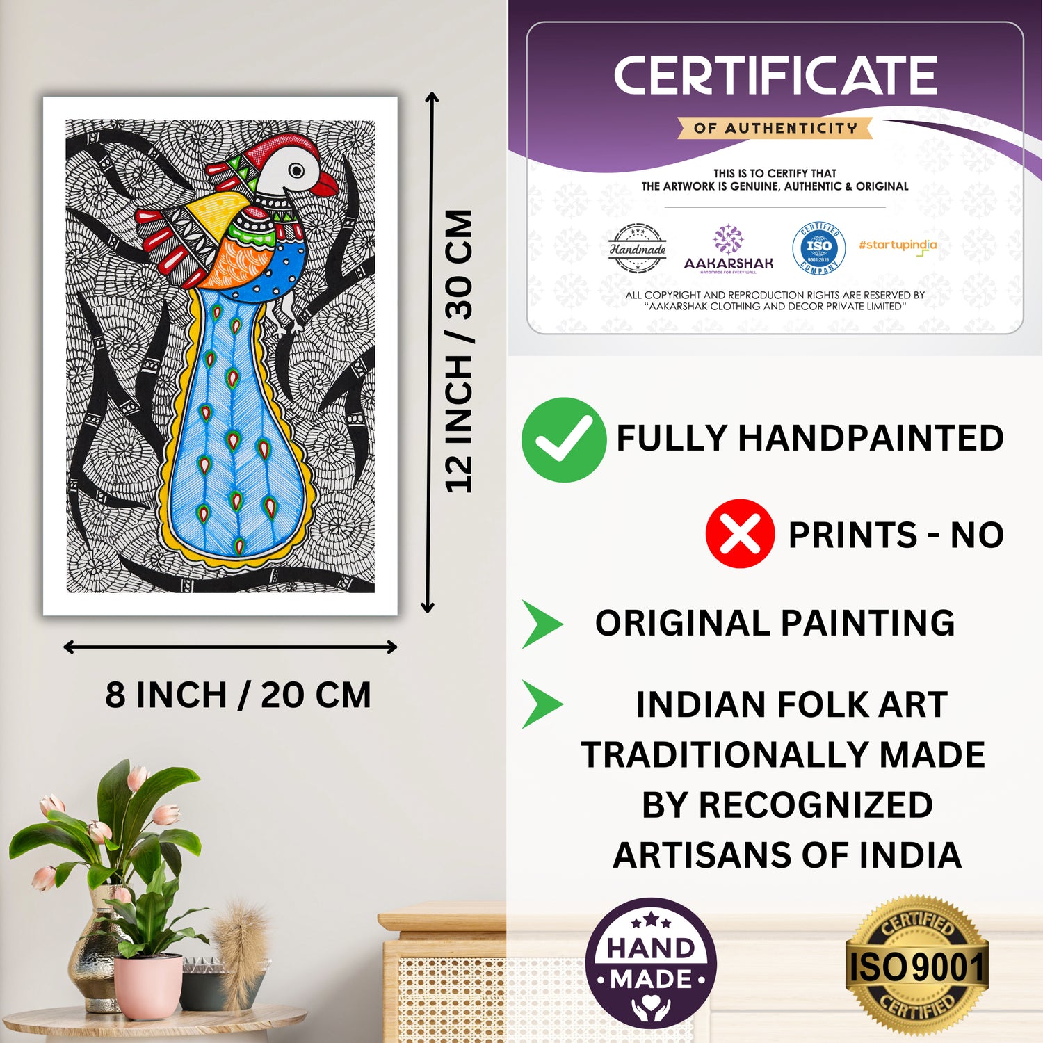 handmade iso certified-peacock madhubani painting
