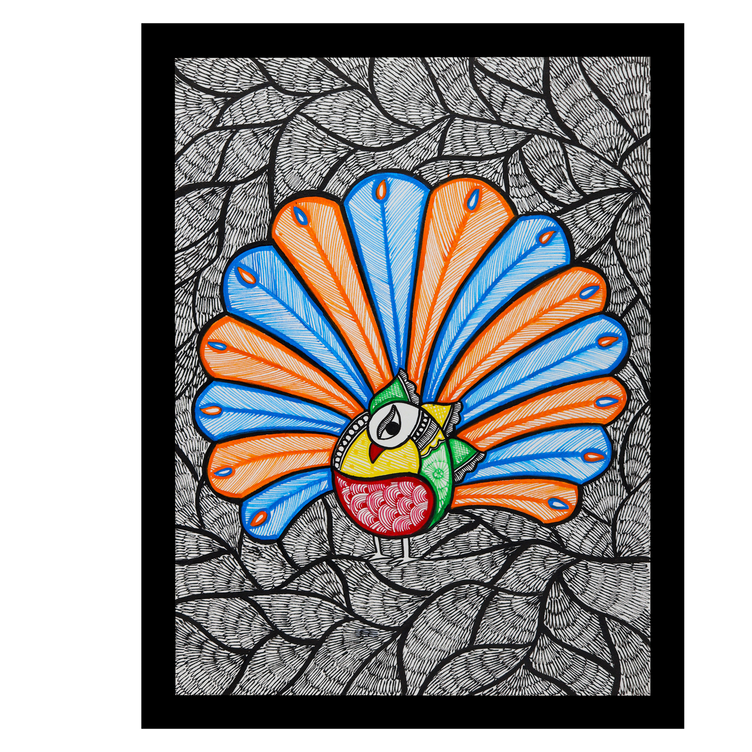 Framed artwork of a colorful dancing peacock -with handmade madhubani painting 