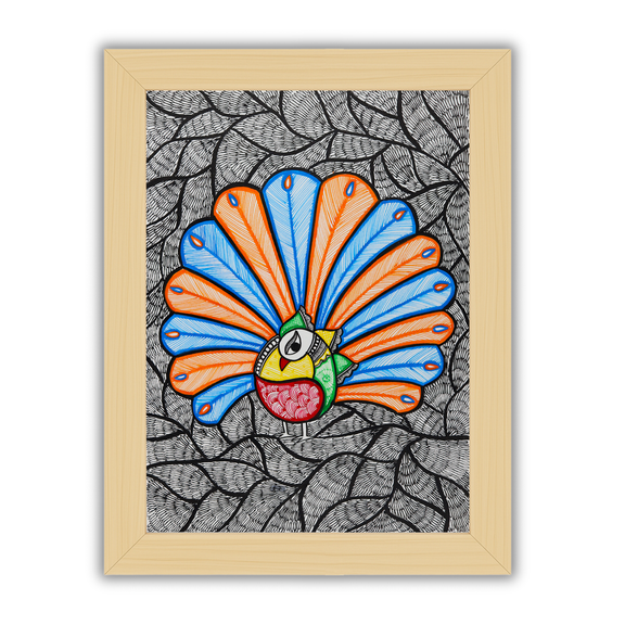 Framed artwork of a colorful dancing peacock -with handmade madhubani painting 