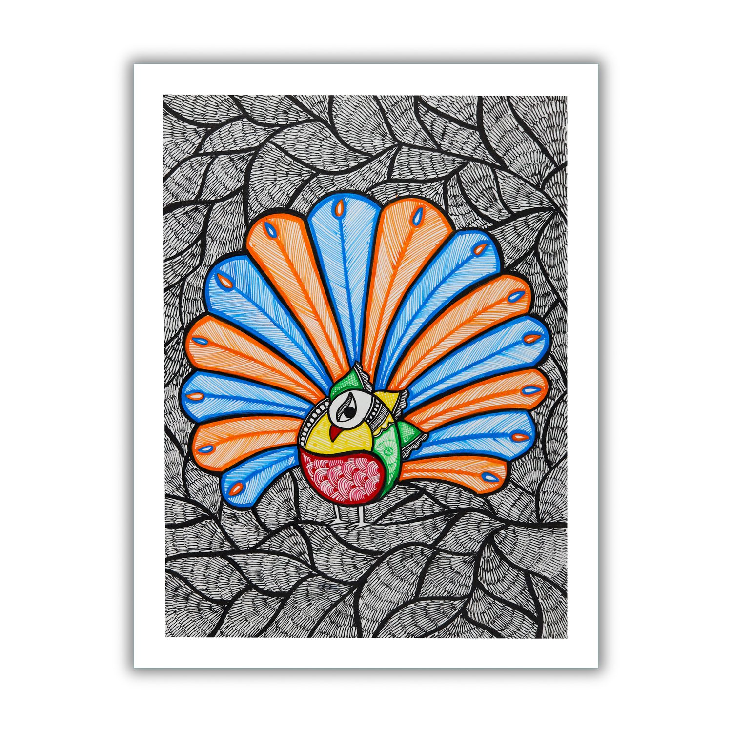 Framed artwork of a colorful dancing peacock -with handmade madhubani painting 