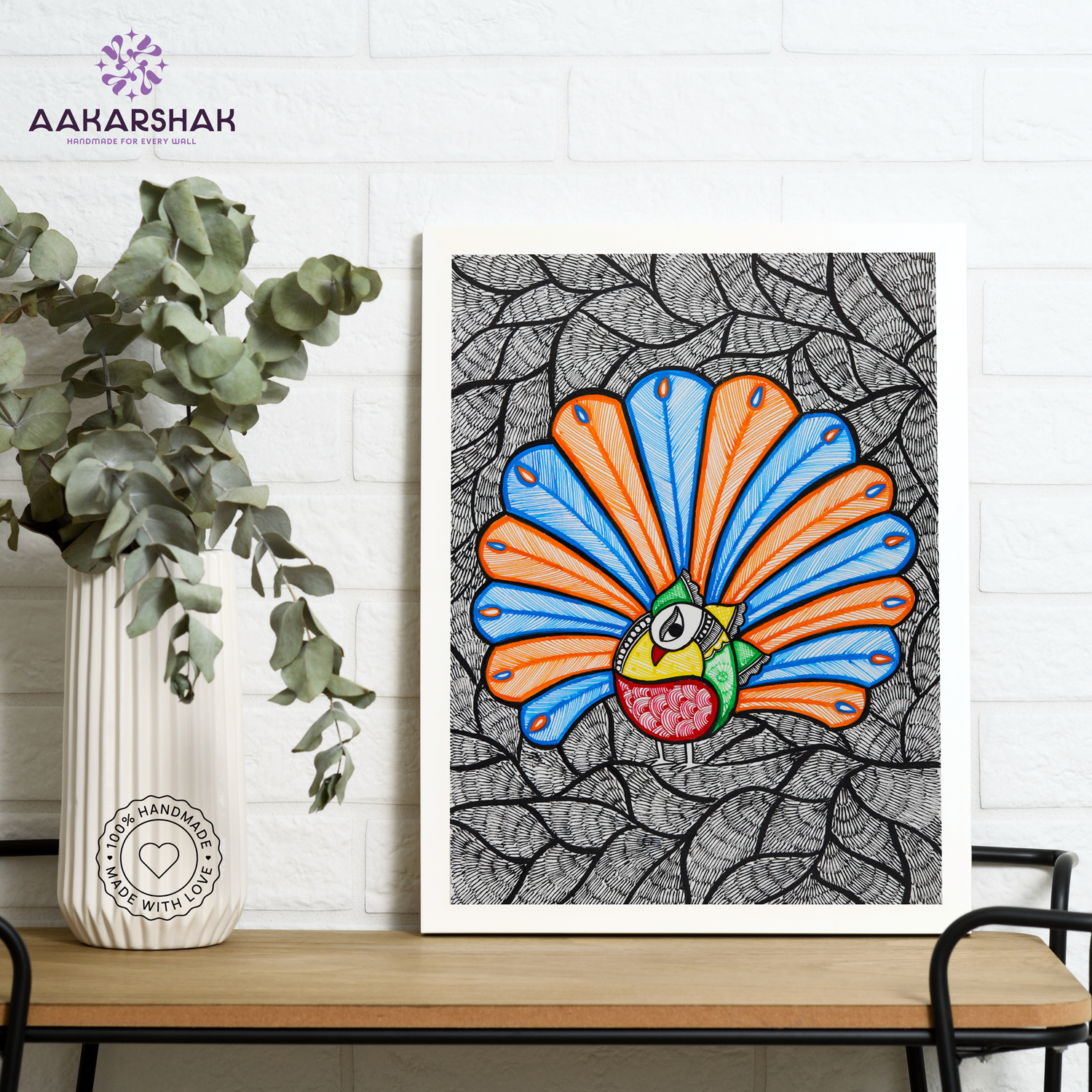 Framed artwork with dancing peacock design -handmade madhubani painting for home decor