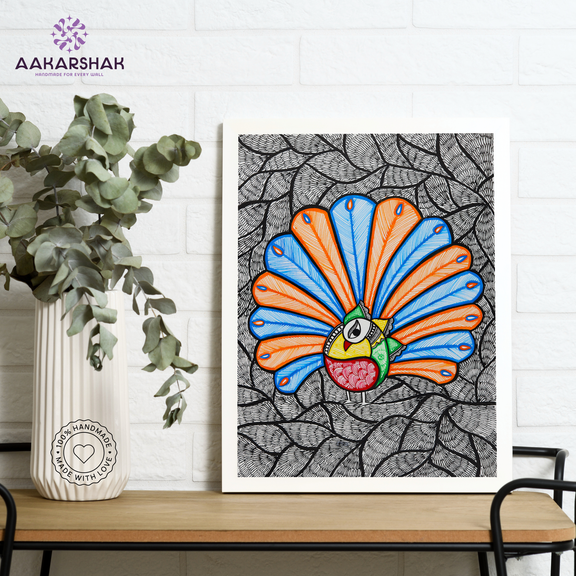Framed artwork with dancing peacock design -handmade madhubani painting for home decor
