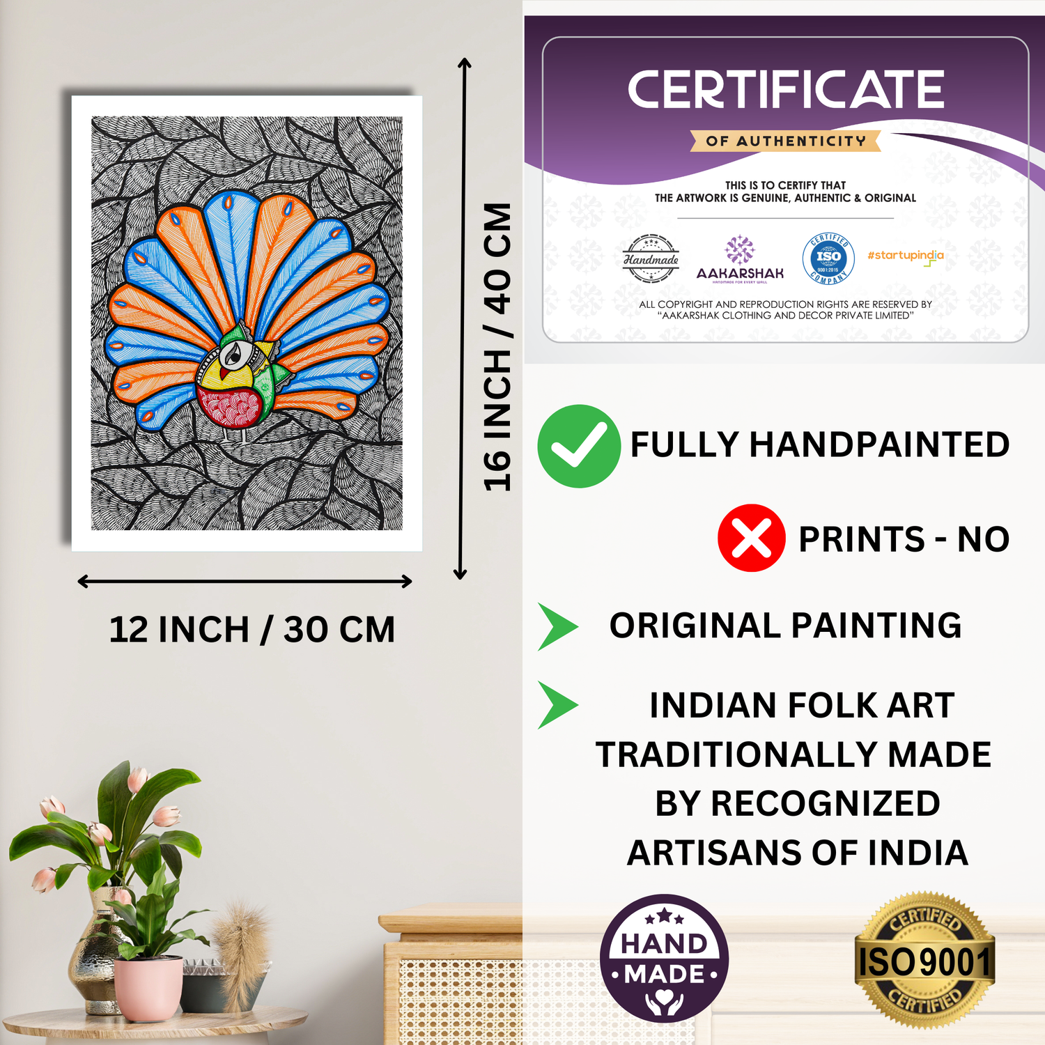 Framed artwork with dimensions, authenticity certificate and handmade iso certified-peacock madhubani painting