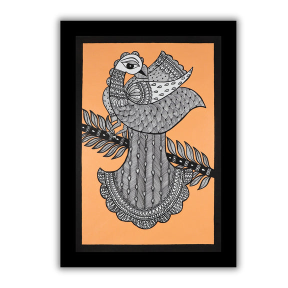 Framed artwork of a colorful peacock with handmade madhubani painting 
