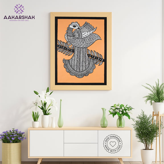 Framed artwork with peacock design-handmade madhubani painting for home decor