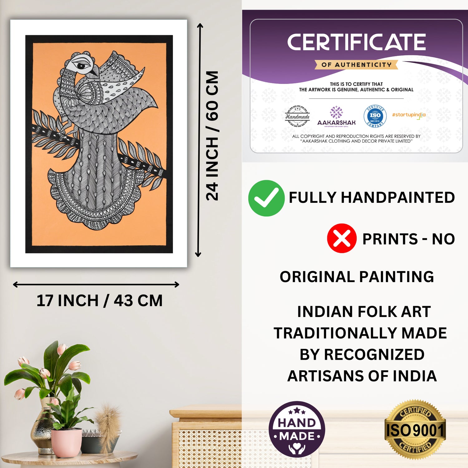 Framed artwork with dimensions, authenticity certificate and handmade iso certified peacock madhubani painting