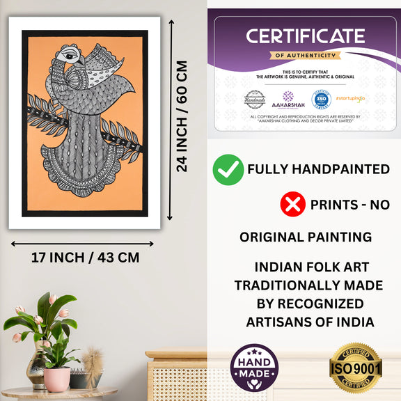 Framed artwork with dimensions, authenticity certificate and handmade iso certified peacock madhubani painting