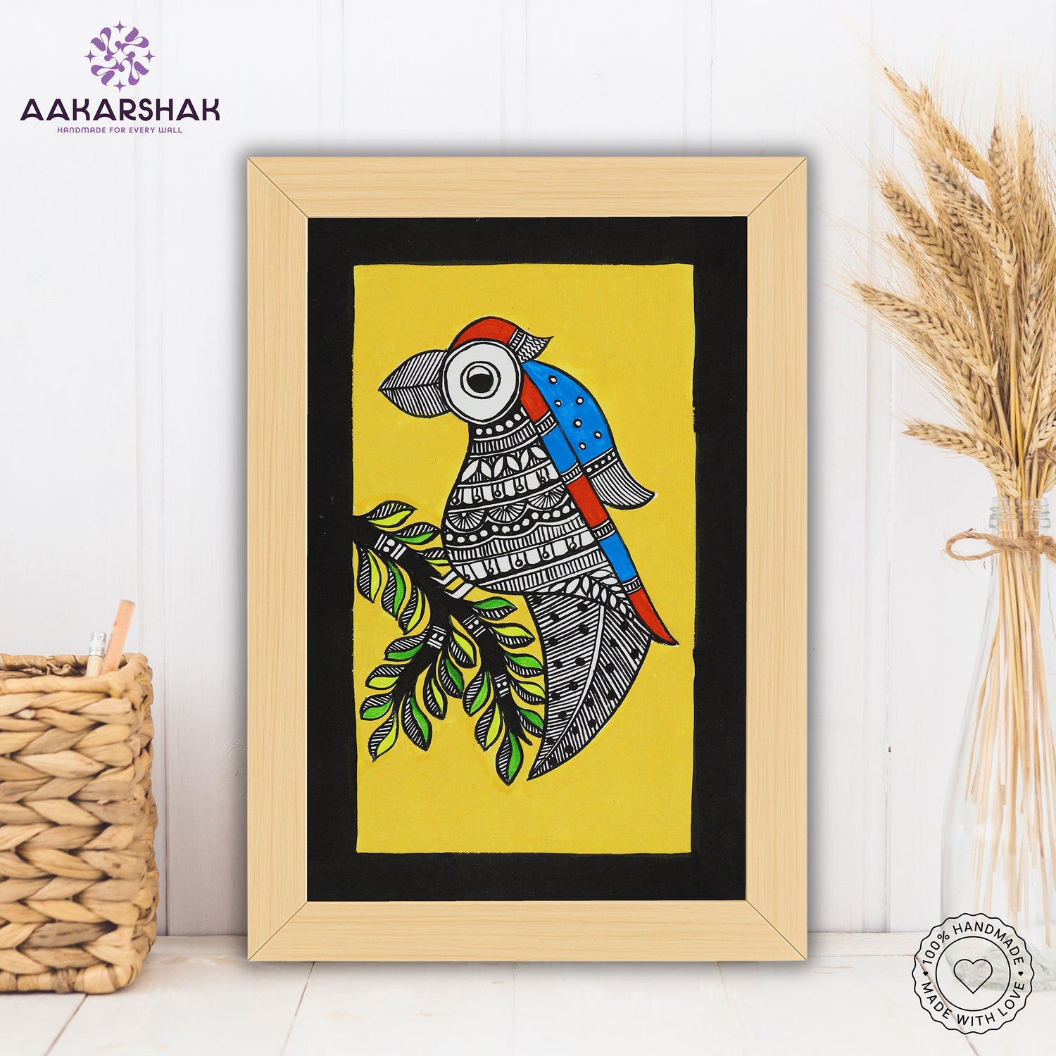 handmade madhubani painting peacock painting-with tabletop stand for home decor