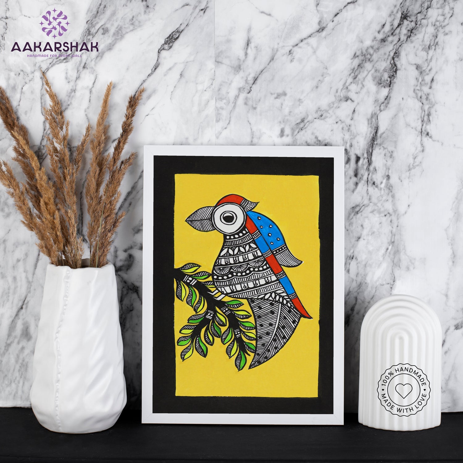 handmade madhubani painting peacock painting-with tabletop stand for home decor