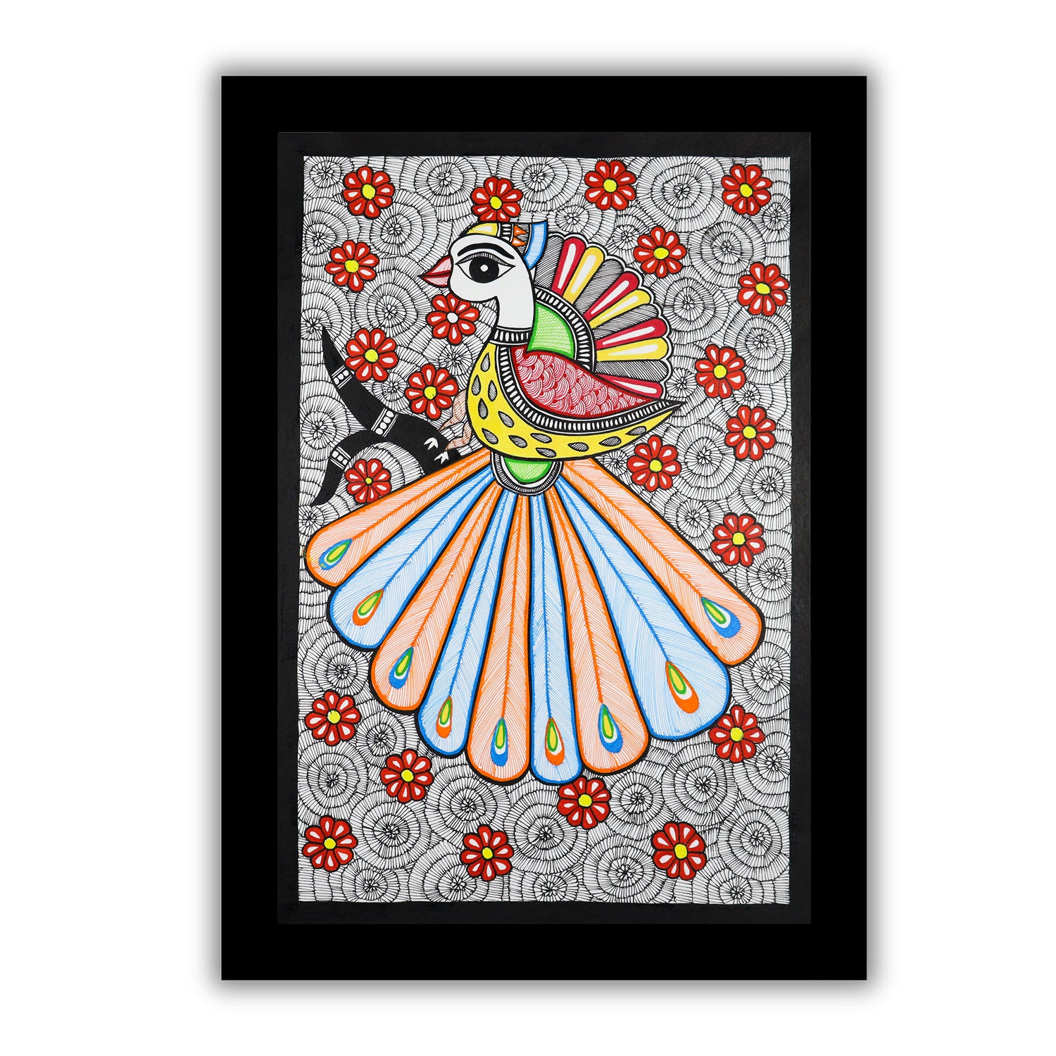 Framed artwork of a colorful peacock with handmade madhubani painting 
