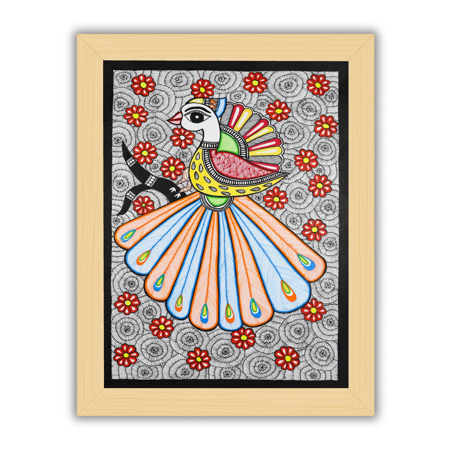 Framed artwork of a colorful peacock with handmade madhubani painting 