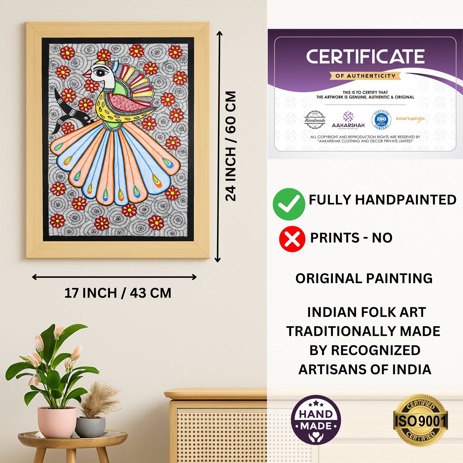 Framed artwork with dimensions, authenticity certificate and handmade iso certified peacock madhubani painting