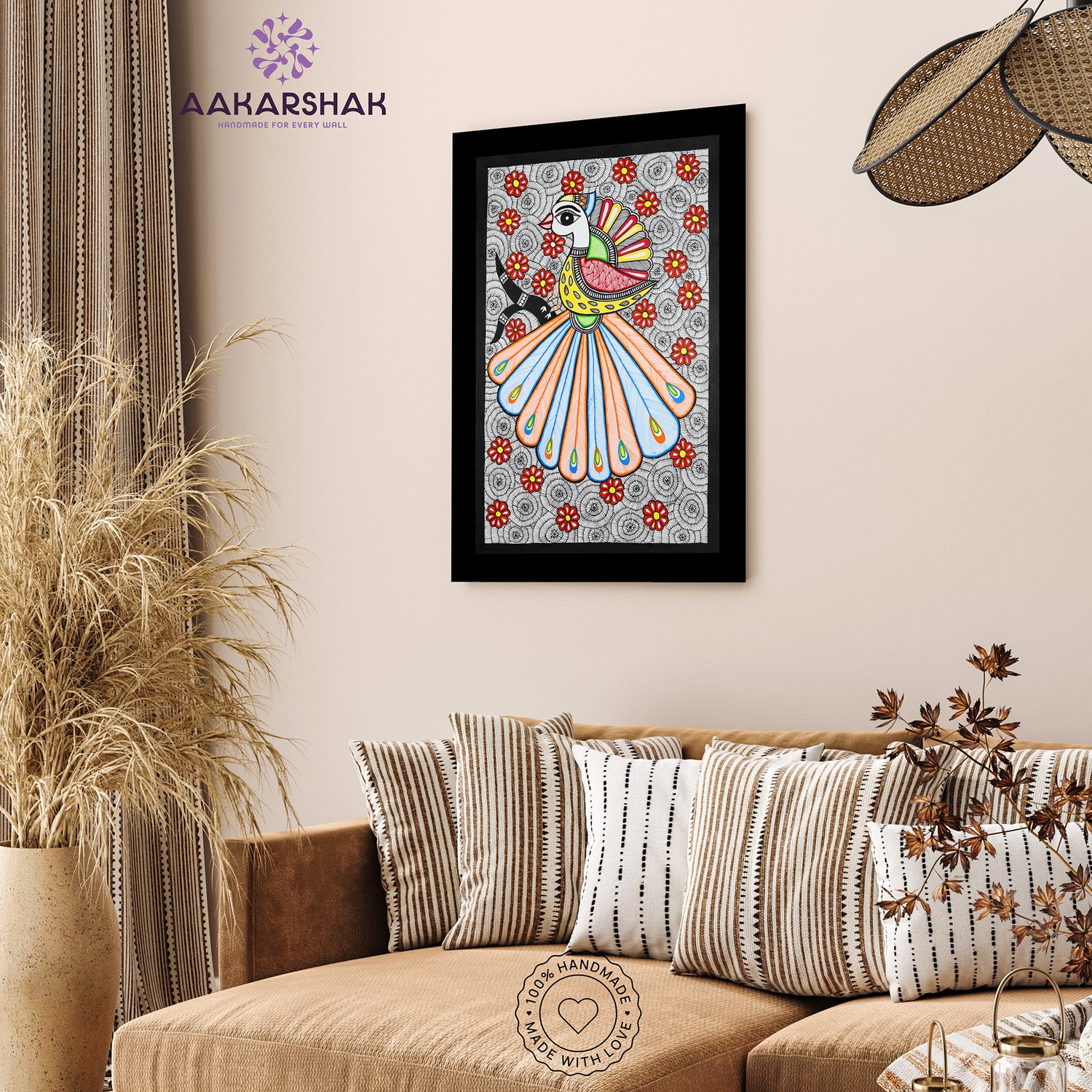 vibrant handmade peacock painting-depicting indian folk tradition