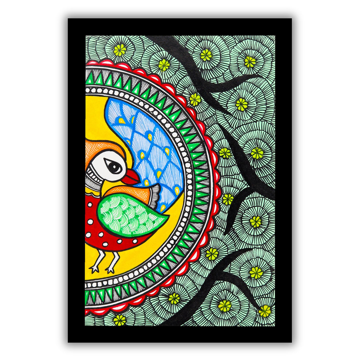 handmade madhubani painting painting peacock-in vibrant traditional folk art style
