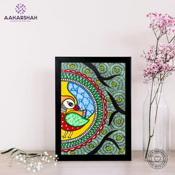 handmade madhubani painting peacock painting-with tabletop stand for home decor
