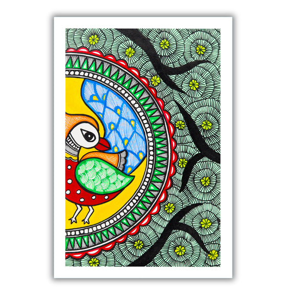 handmade madhubani painting painting peacock-in vibrant traditional folk art style