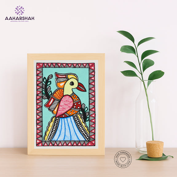 Handmade Madhubani peacock painting-with tabletop stand for home decor

