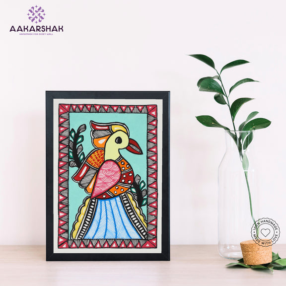 Handmade Madhubani peacock painting-with tabletop stand for home decor
