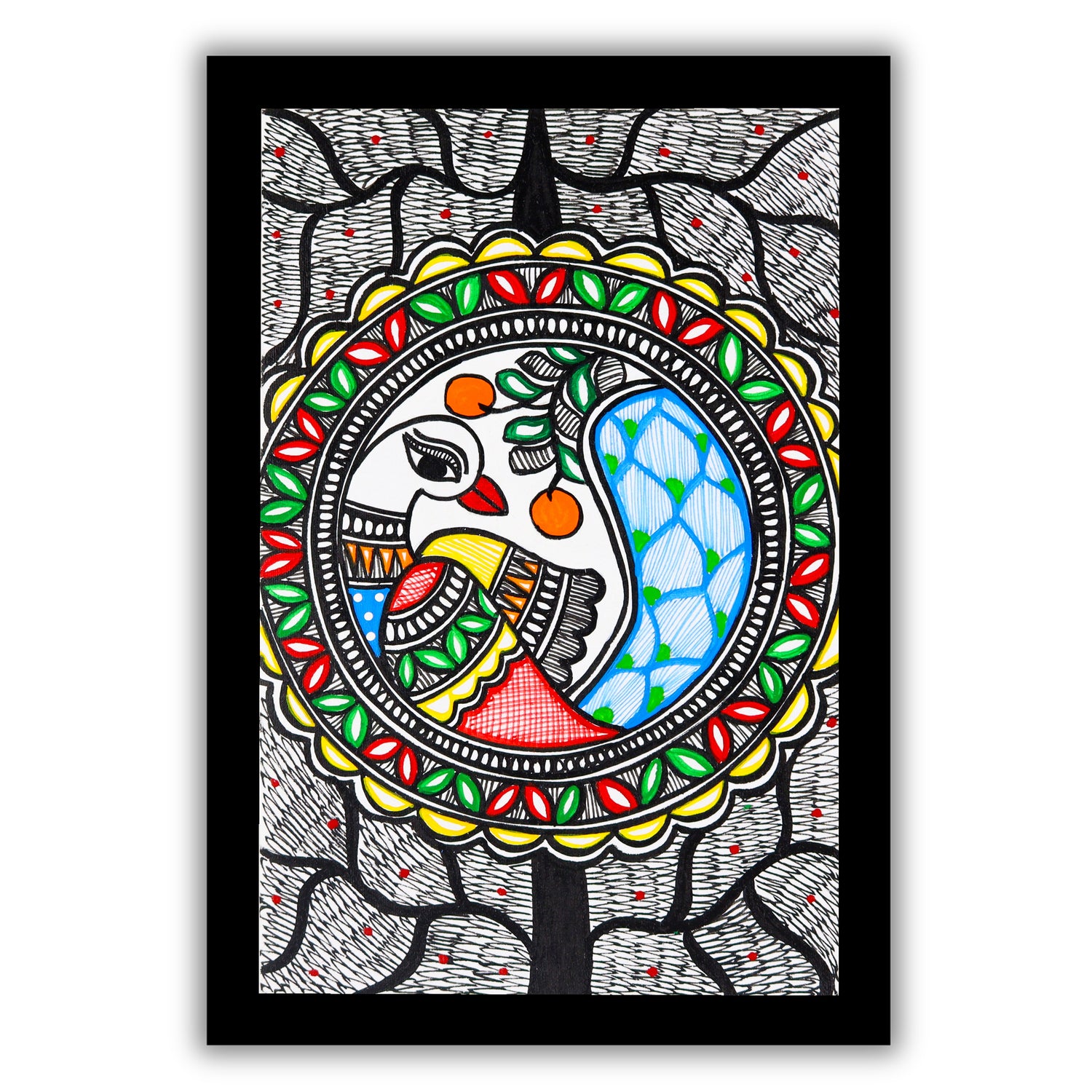 handmade madhubani painting painting peacock-in vibrant traditional folk art style
