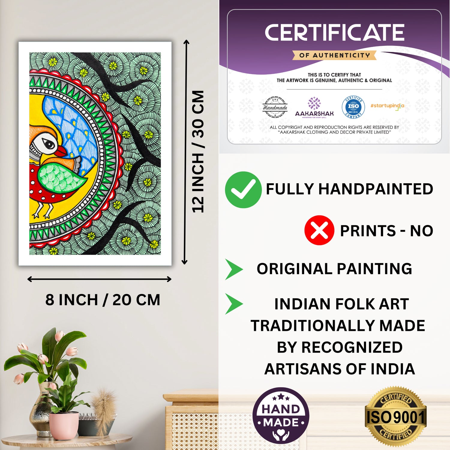 handmade iso certified-peacock madhubani painting
