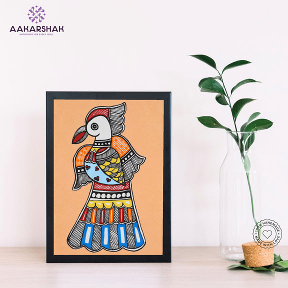 Handmade Madhubani peacock painting-with tabletop stand for home decor
