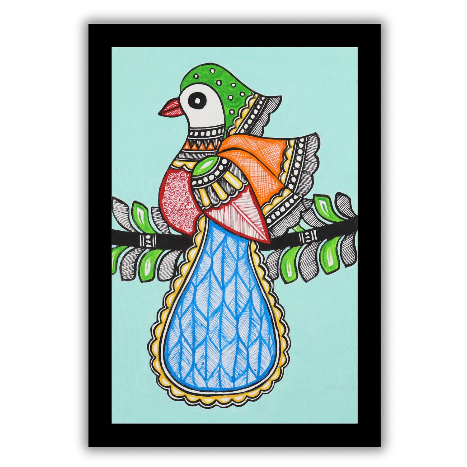 handmade madhubani painting painting peacock-in vibrant traditional folk art style

