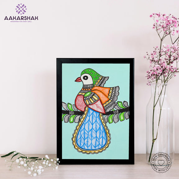 handmade madhubani painting peacock painting-with tabletop stand for home decor
