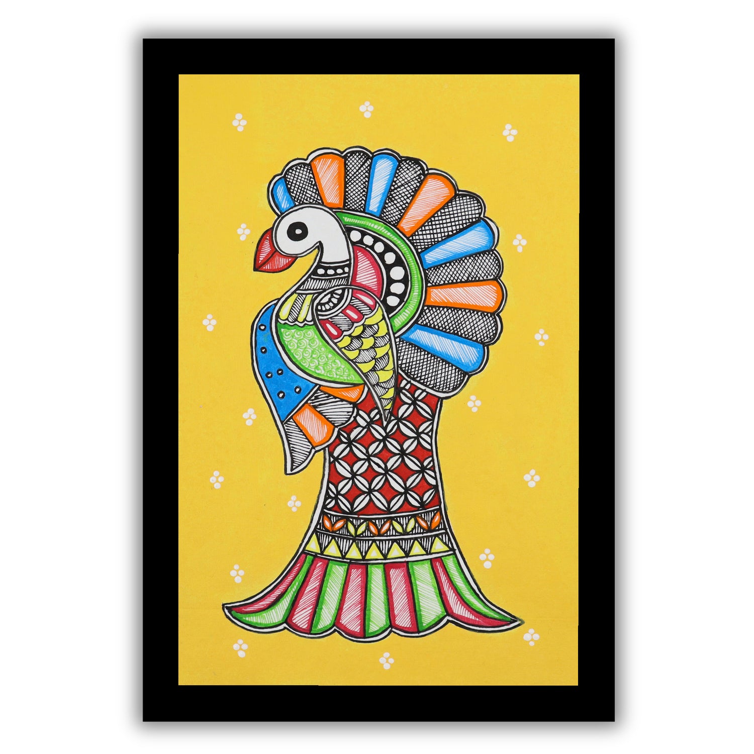 handmade madhubani painting painting peacock-in vibrant traditional folk art style
