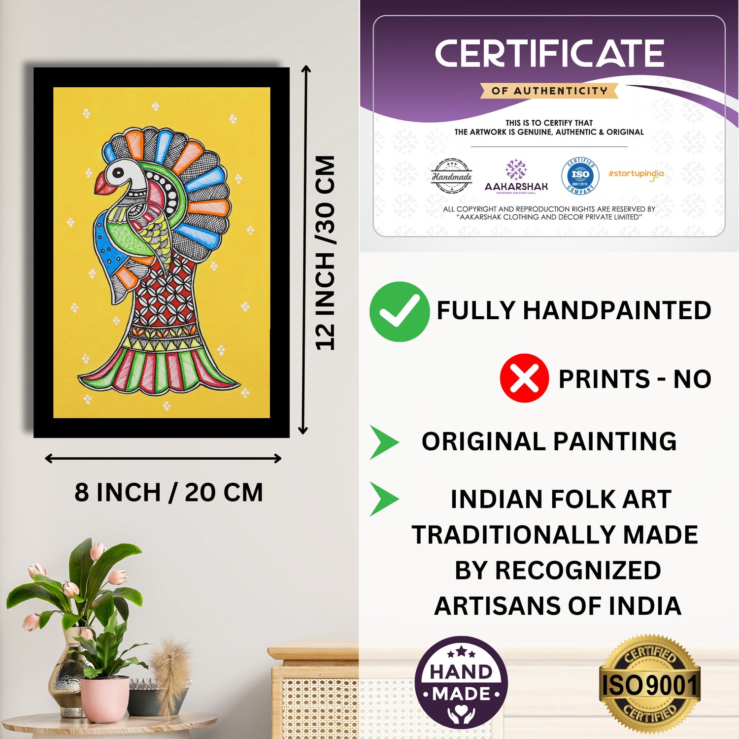 handmade iso certified-peacock madhubani painting