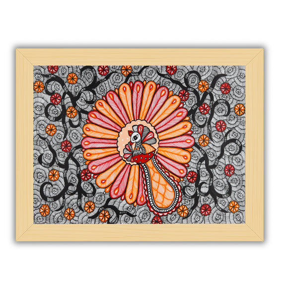 Framed artwork of a colorful peacock with handmade madhubani painting 