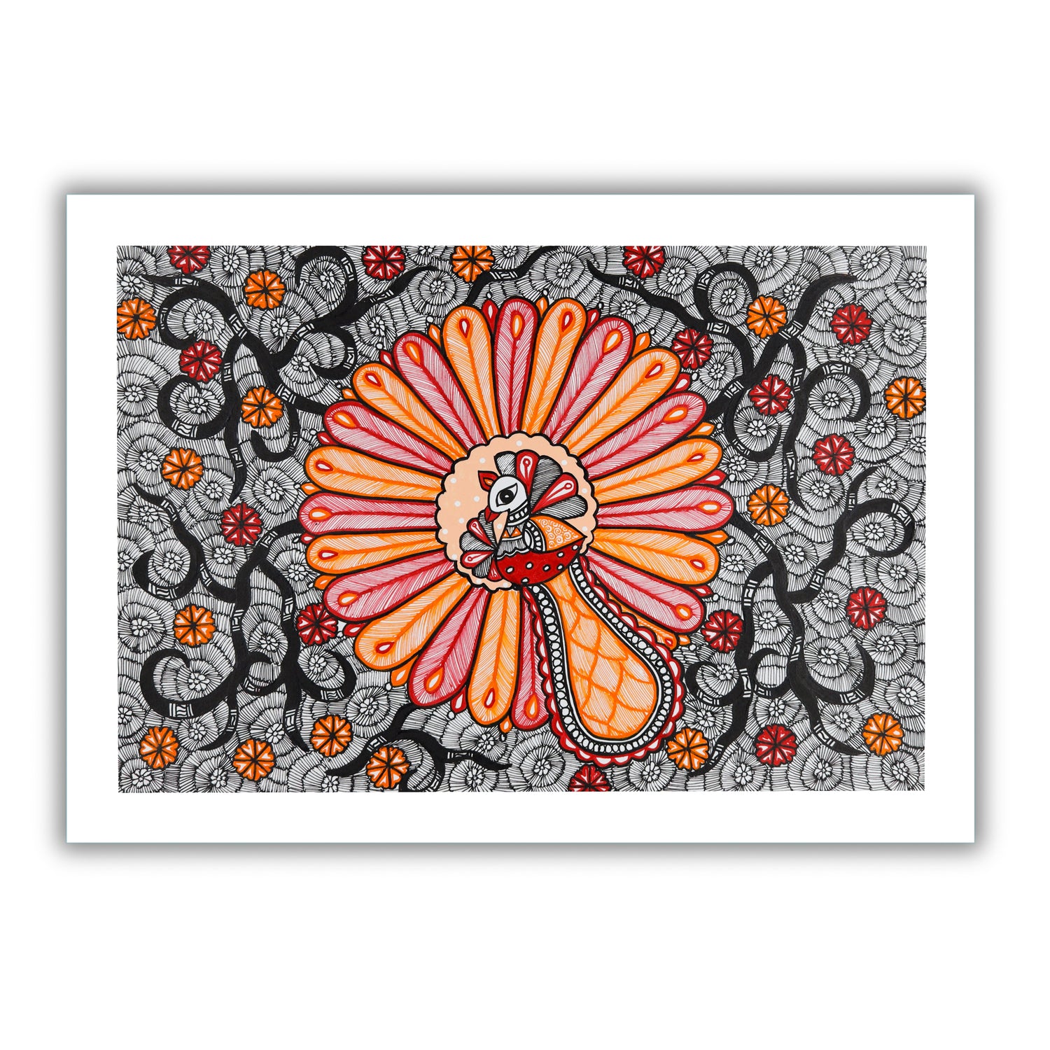 Framed artwork of a colorful peacock with handmade madhubani painting 