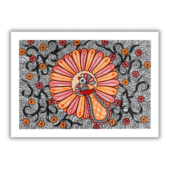 Framed artwork of a colorful peacock with handmade madhubani painting 