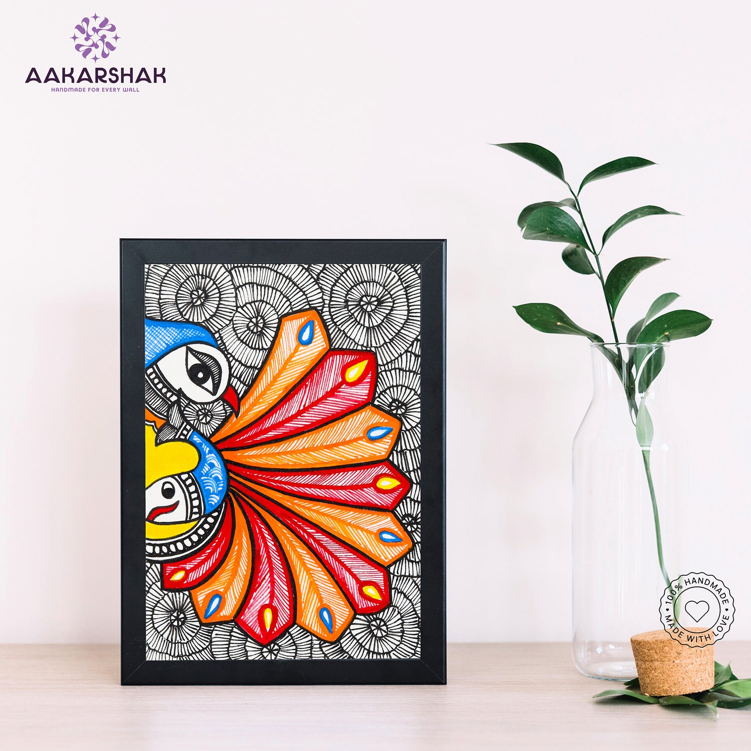 Handmade Madhubani peacock painting-with tabletop stand for home decor
