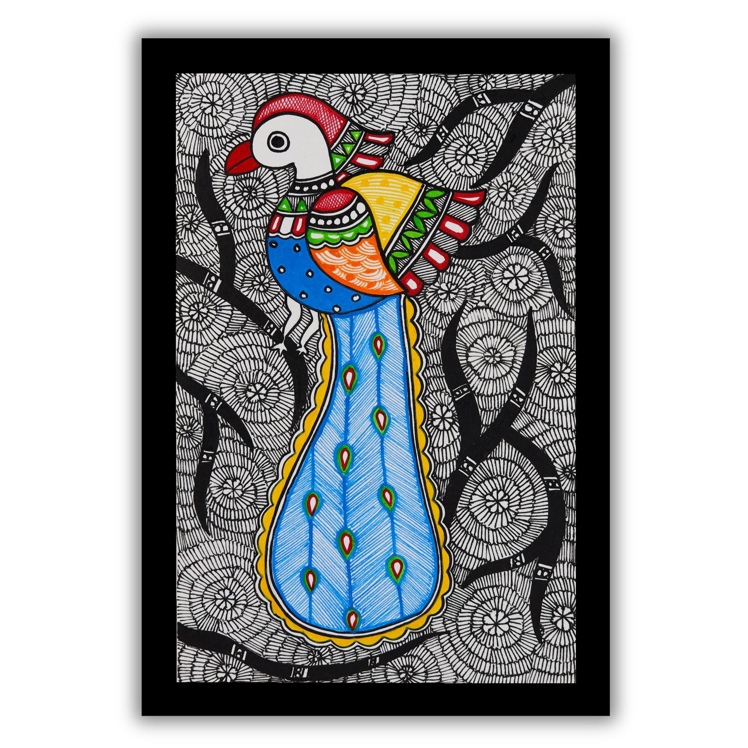 handmade madhubani painting painting peacock-in vibrant traditional folk art style

