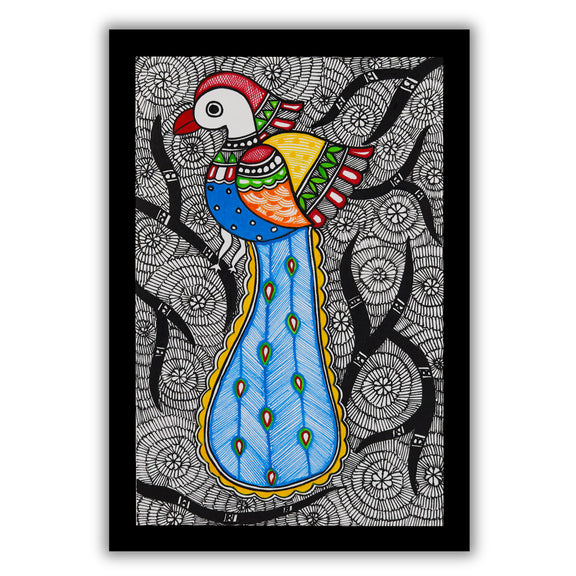handmade madhubani painting painting peacock-in vibrant traditional folk art style
