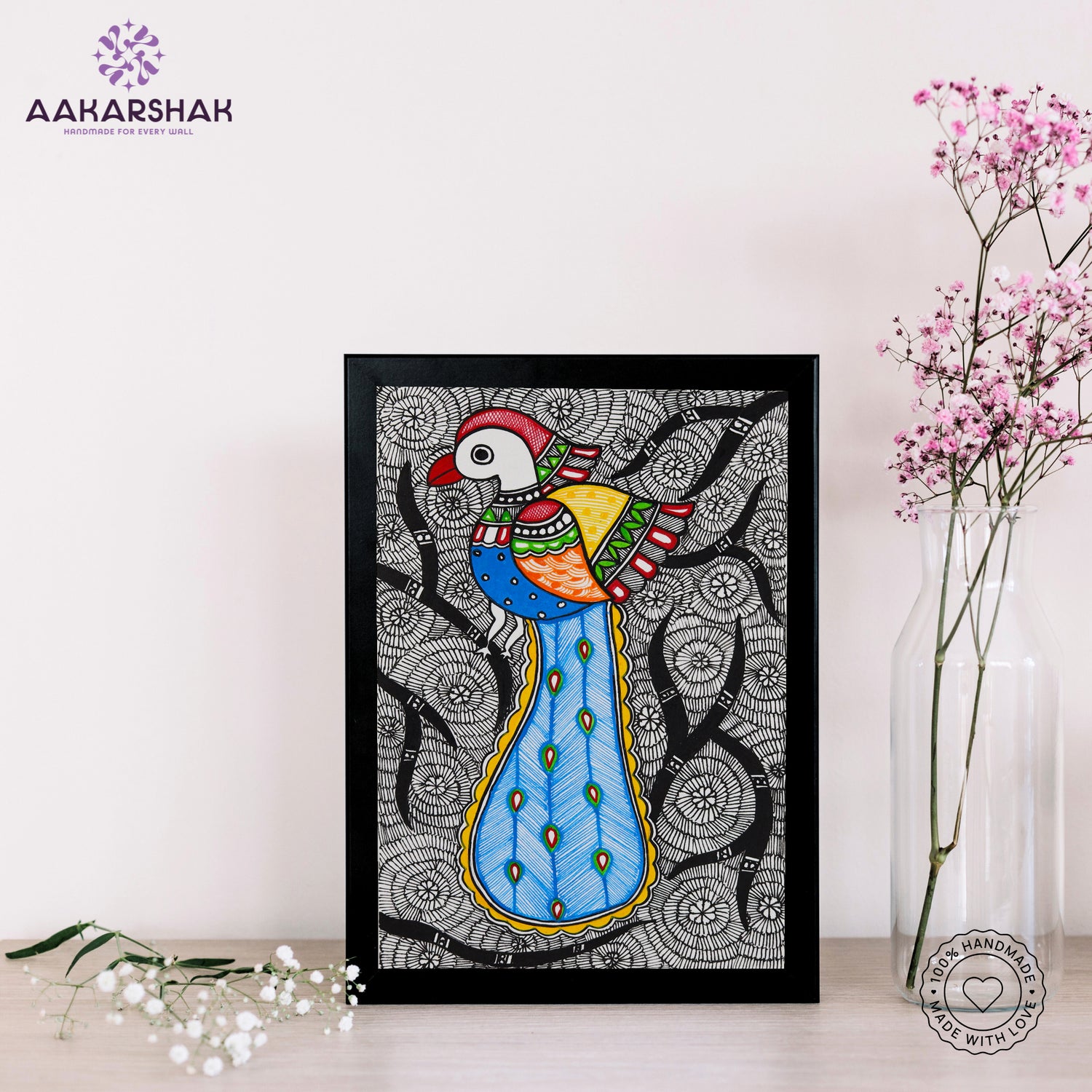 handmade madhubani painting peacock painting-with tabletop stand for home decor

