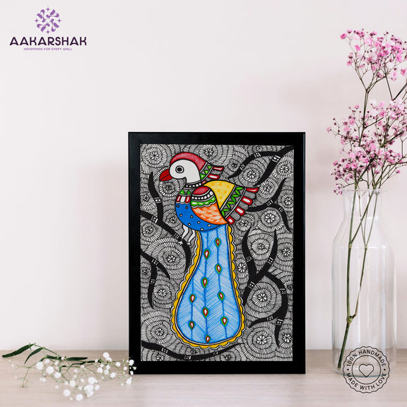 handmade madhubani painting peacock painting-with tabletop stand for home decor
